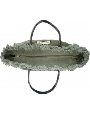 Olive tote bag with frayed top edge and dark handles, open interior view