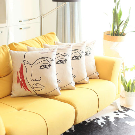 Boho printed throw pillow covers, white face line art with red hair, set of 4