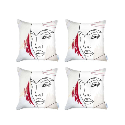 Pack of 4 boho printed pillow covers, white with face line art and red hair