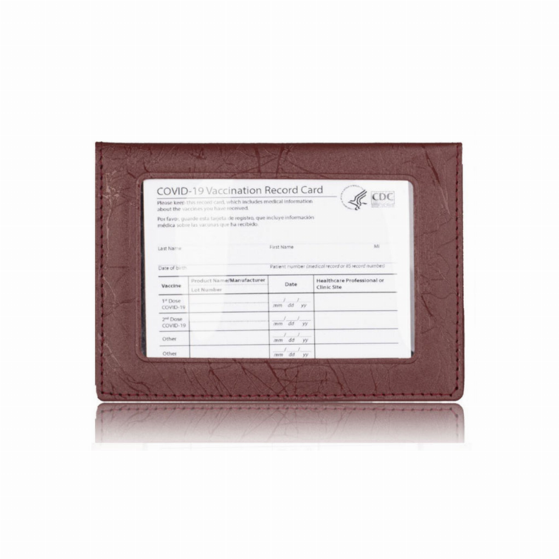 Brown 2-in-1 vaccination card and ID card holder, card visible through window