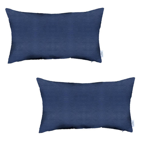 Set of two rectangular blue faux leather throw pillows, centered front-facing design