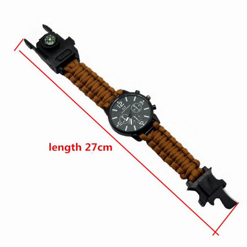 Multi function survival watch bracelet with black tool end and tan paracord strap