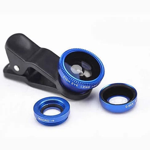Clip-on smartphone camera lenses with black clip and blue macro and fisheye rings