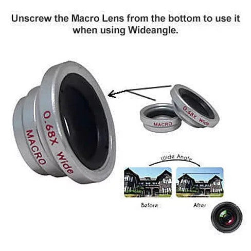 Clip-on smartphone macro and wide angle lenses with grey lens pieces and small lens