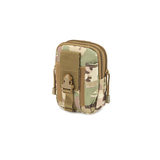 Waterproof carry-all pouch in camo fabric with zip top and front buckle strap details