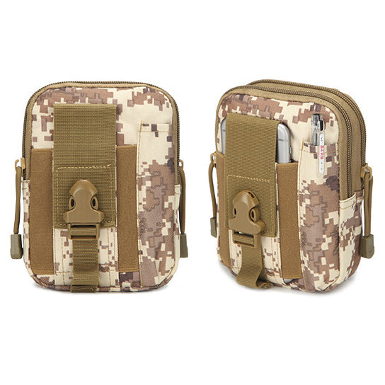 Waterproof carry-all pouch in desert camo, MOLLE-style panel and hook-and-loop straps