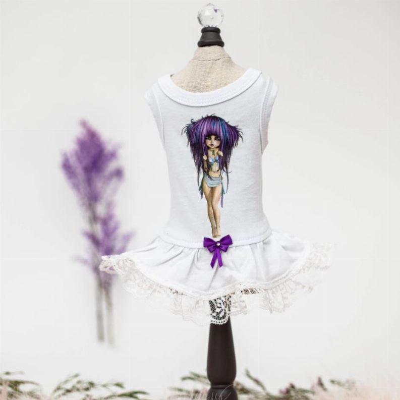 White sleeveless dress with purple bow, lace ruffle hem, and front character print
