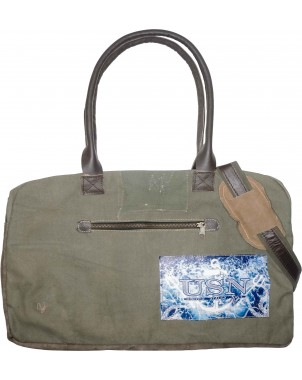 Olive canvas travel bag with dual handles, zip top, and front US logo patch