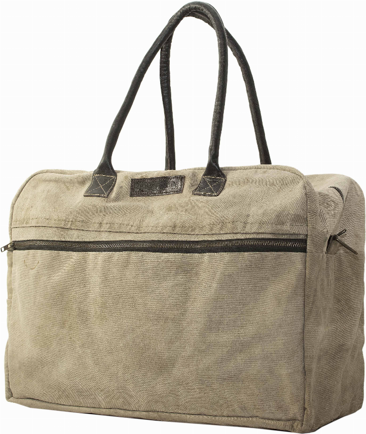 Khaki canvas duffel bag with long handles, front zipper, and reinforced side panel