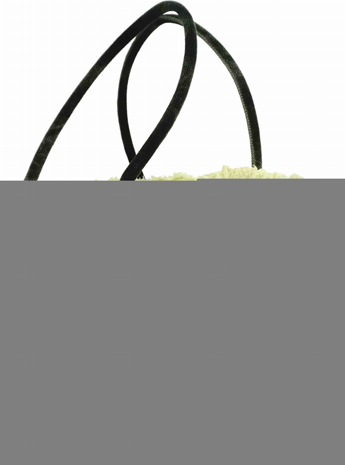 Black tote handles above gray placeholder, frayed light trim visible at top edge