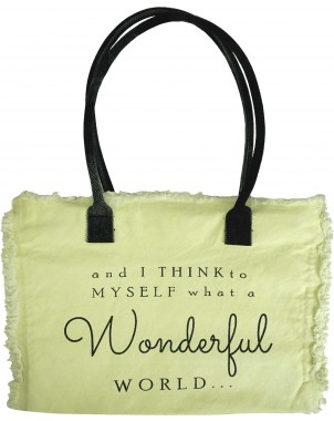 Light yellow tote bag with black handles and 'Wonderful World' printed front panel