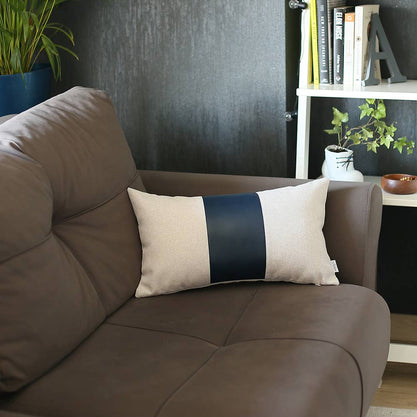 Navy and white faux leather throw pillow cover with vertical stripe, rectangular
