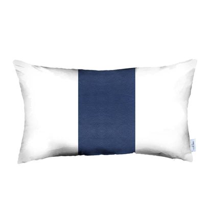 Rectangular faux leather pillow cover with white sides and navy center panel stripe