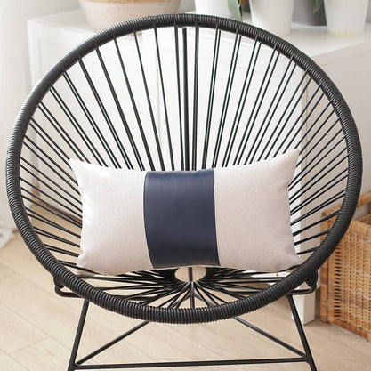Cream and navy faux leather throw pillow cover, wide vertical stripe, rectangular