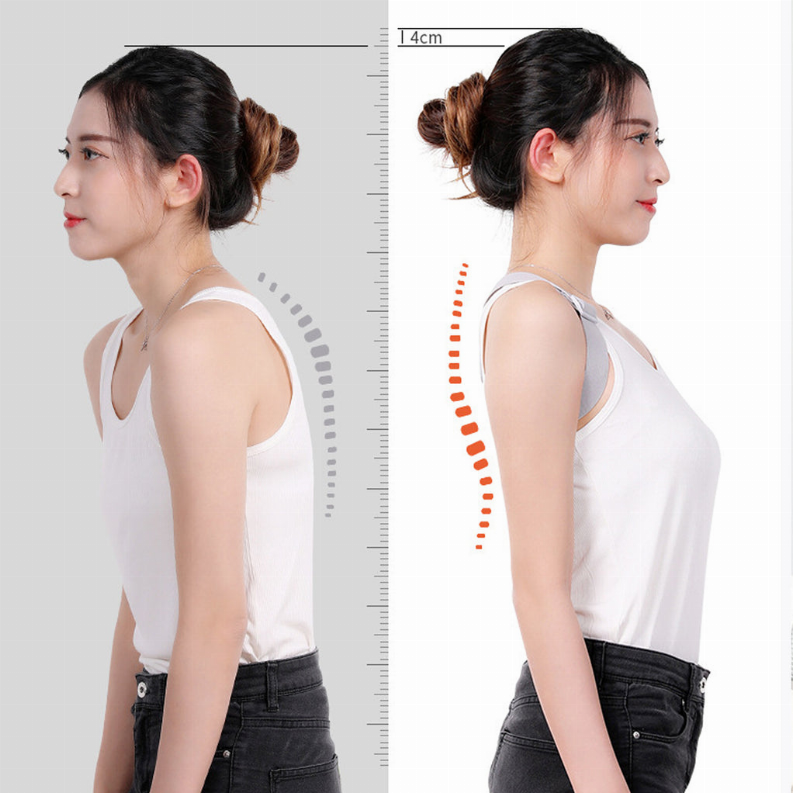 White posture support belt with gray straps shown from side on a person