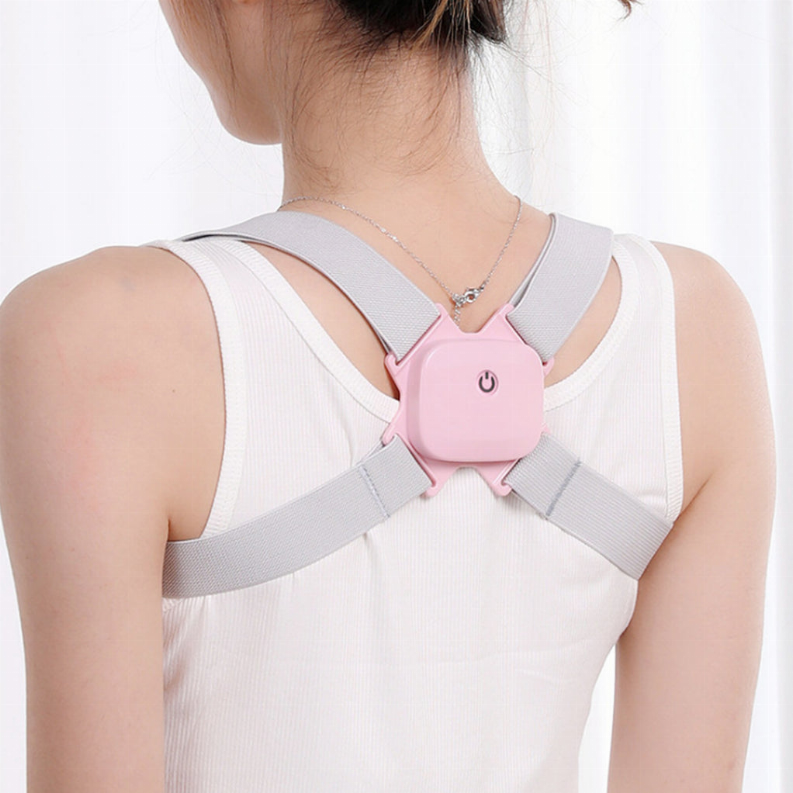 White back support belt with gray straps and pink control pad centered on back
