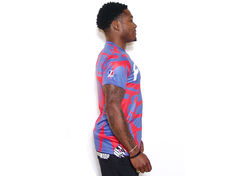 Blue and red graphic crew-neck T-shirt, short sleeves, side view