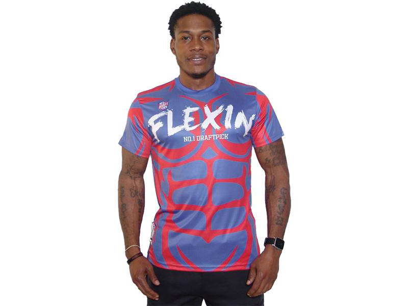Blue and red Flexin logo crew-neck T-shirt, short sleeves, front view