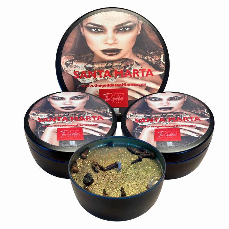 Scented candle set of three labeled tins with one open tin showing textured wax