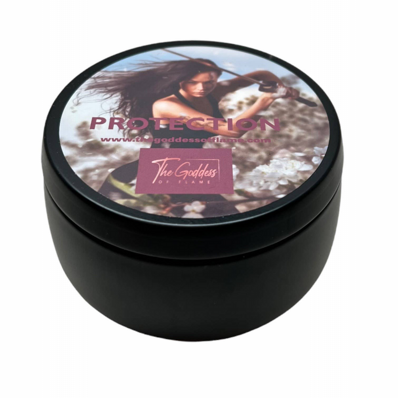 Black candle tin with lid label and centered 'PROTECTION' text over portrait