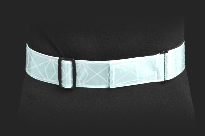 Reflective belt, wide light-blue strip pattern, secured by black rectangular buckle
