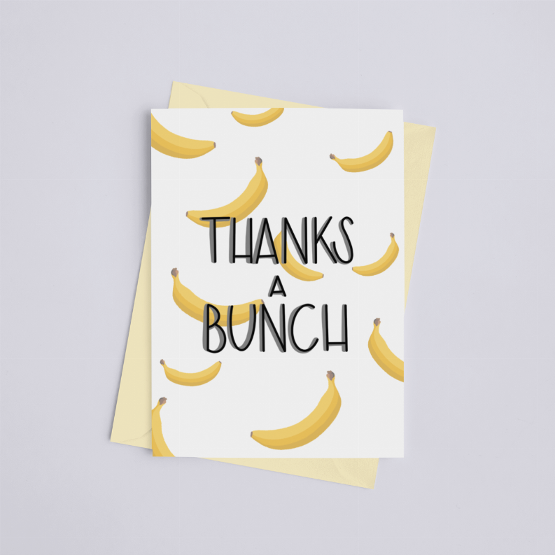 Thank-you greeting card with banana pattern and 'Thanks a Bunch' message, with tan envelope