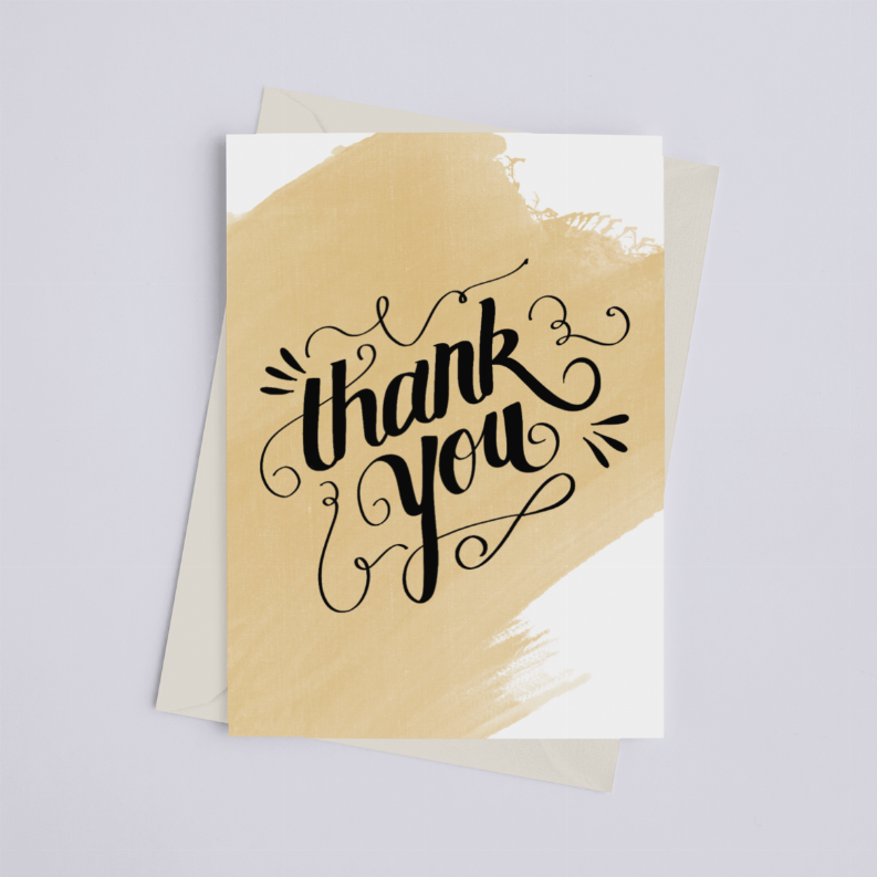 Thank you watercolor greeting card with diagonal gold watercolor wash and script Thank you