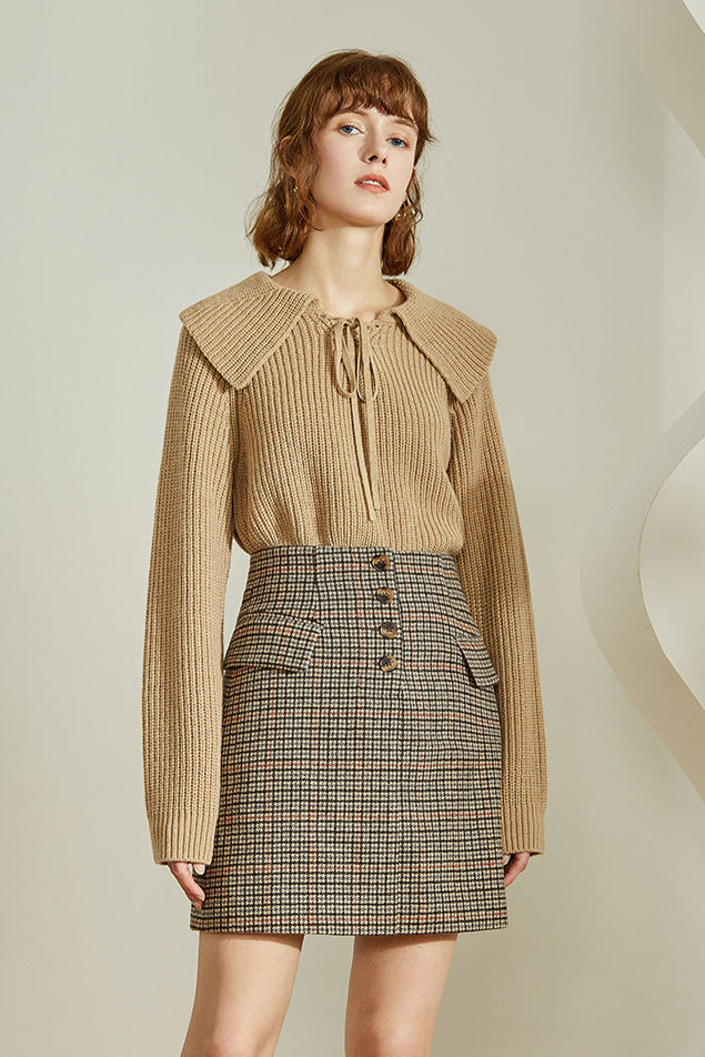 Gingham mini skirt with dark check pattern, buttoned front placket, and straight mini hem