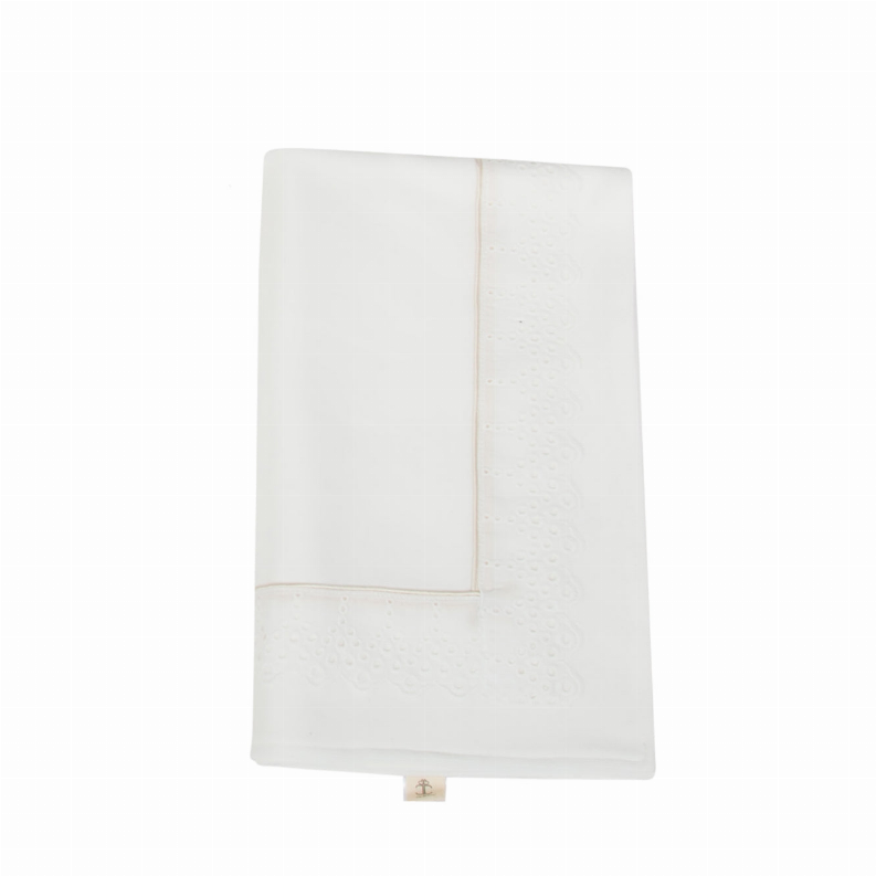 White blanket with textured lace panel on right side and scalloped detail at lower edge