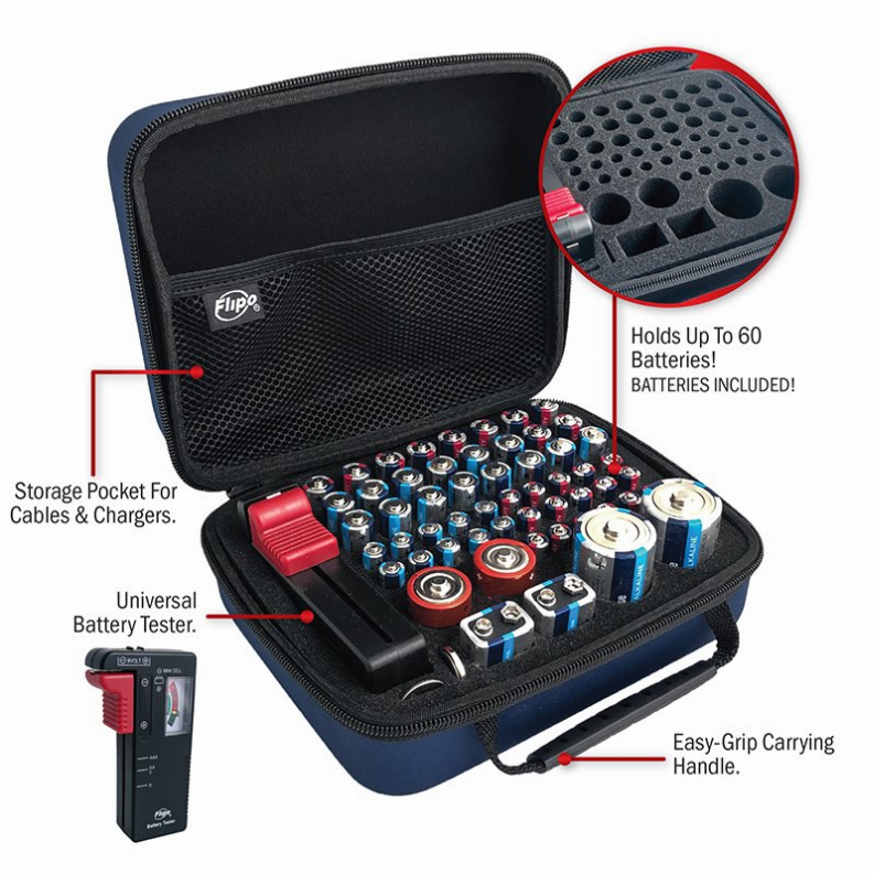 Flipo battery storage case, open organizer with mesh pocket and many battery compartments