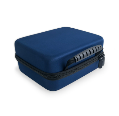 Flipo battery storage case, closed navy-blue hard shell with black zipper trim