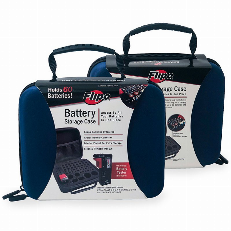 Flipo battery storage case with carry handle and shoulder straps, blue and black