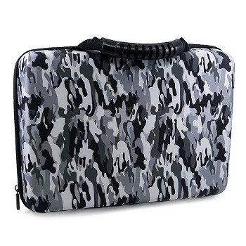 Gray and black camo battery storage case, arched zip top and side zipper tabs