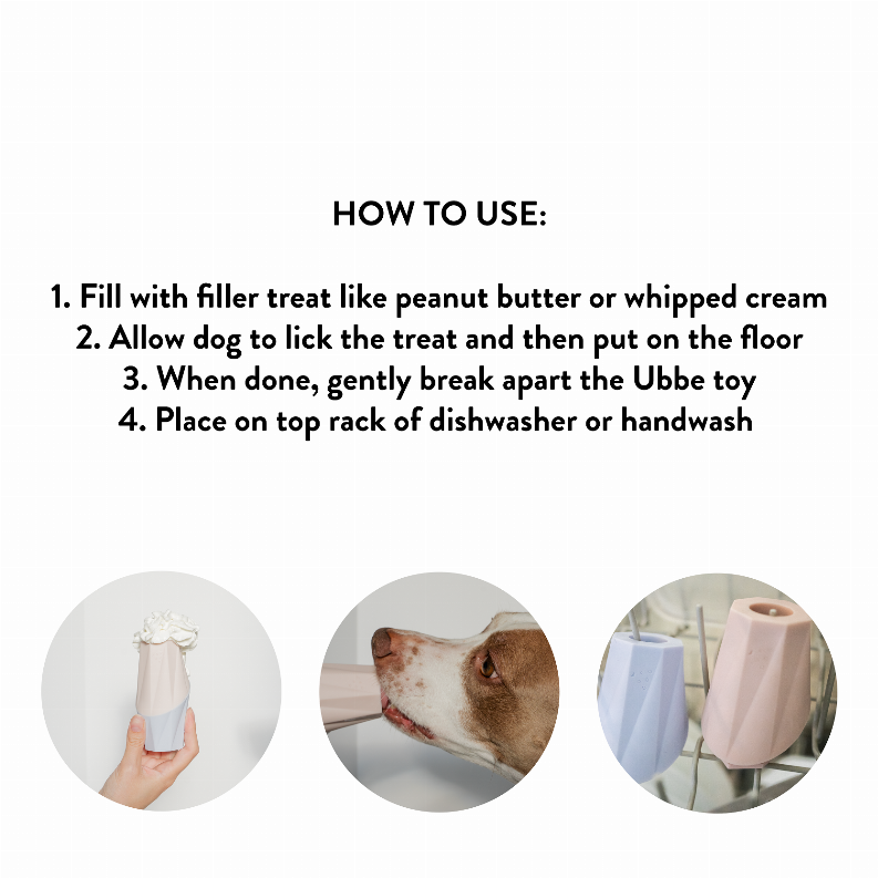 Treat filler chew toy with how-to-use guide icons for filling and cleaning