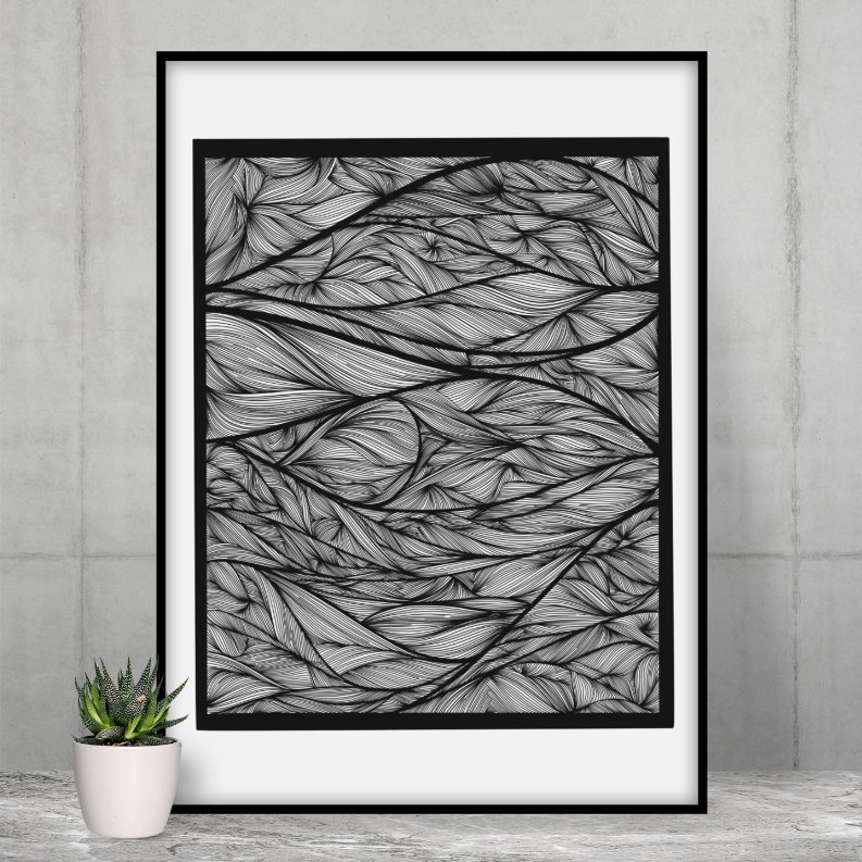 Framed rectangle wall art with monochrome leaf pattern, black frame border.