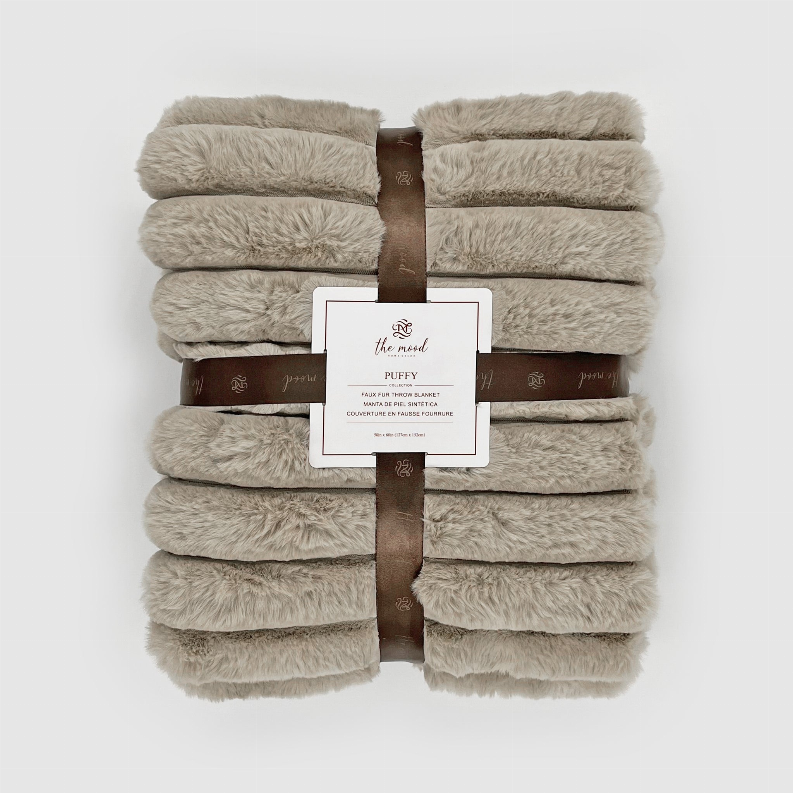 Puffy faux fur throw blanket, light gray with plush ridged texture