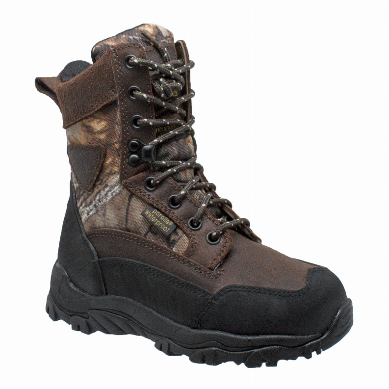 Children's 8-inch camo boots side view, brown camo fabric with black ankle accents