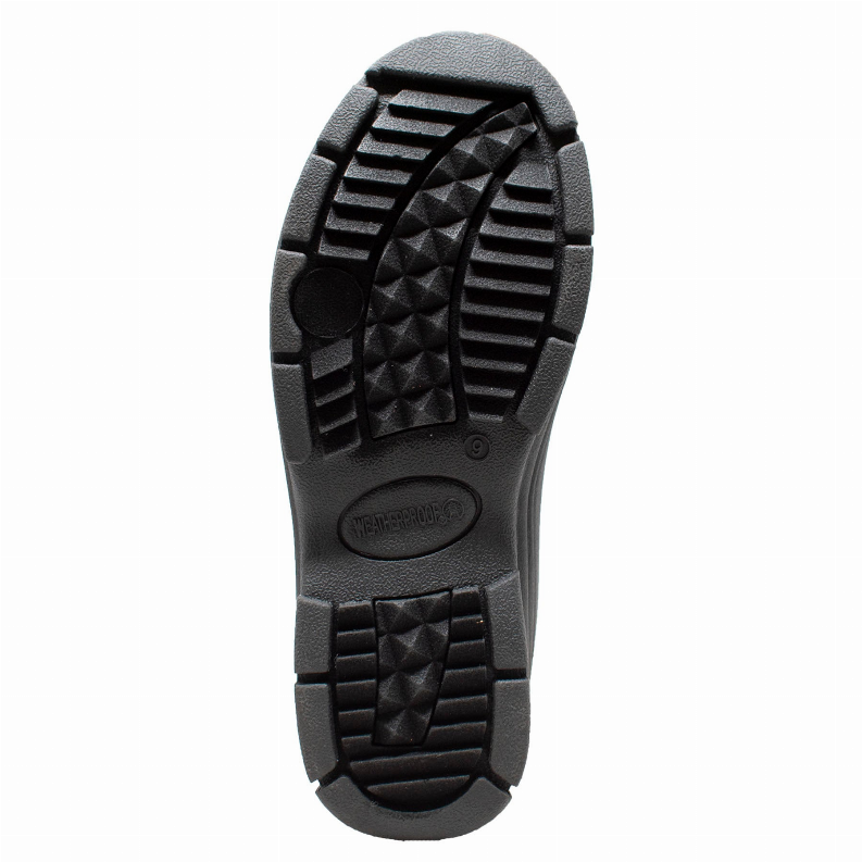 Boot outsole view showing rugged tread, grooves, and traction blocks
