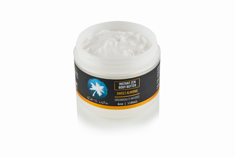 Body butter jar, white lid with creamy white product, Sweet Almond label