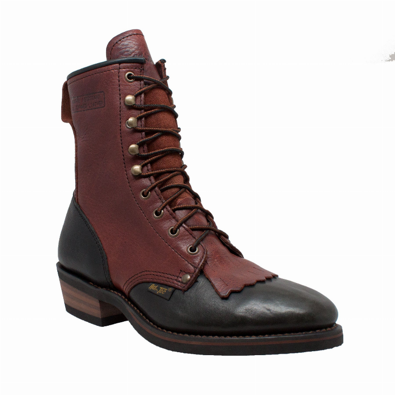 Men's 9-inch packer boots, side angle in brown leather with black lower panels