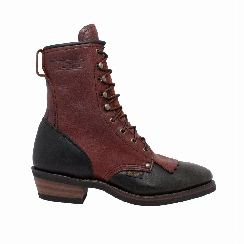 Men's 9-inch packer boots, three-quarter view with brown laces and black toe panel