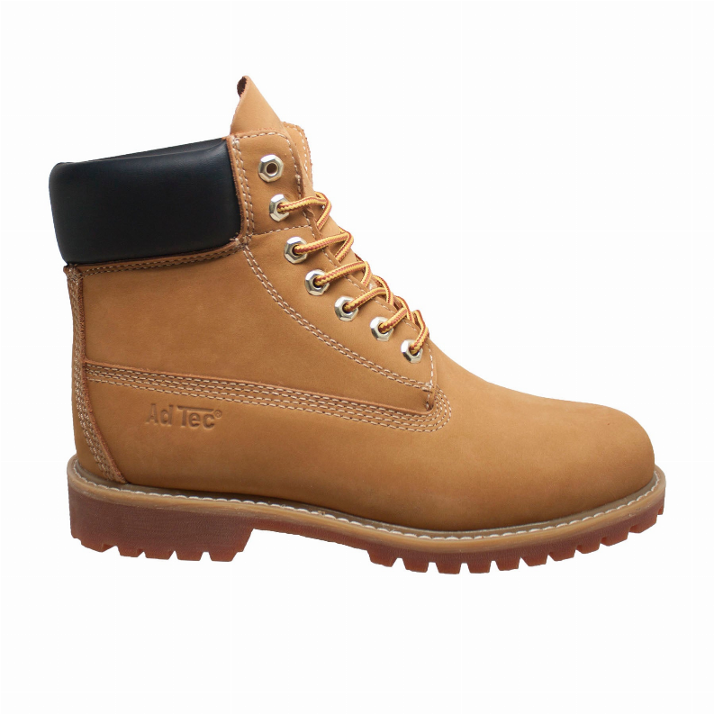 Tan lace-up work boot with black collar and thick lug outsole