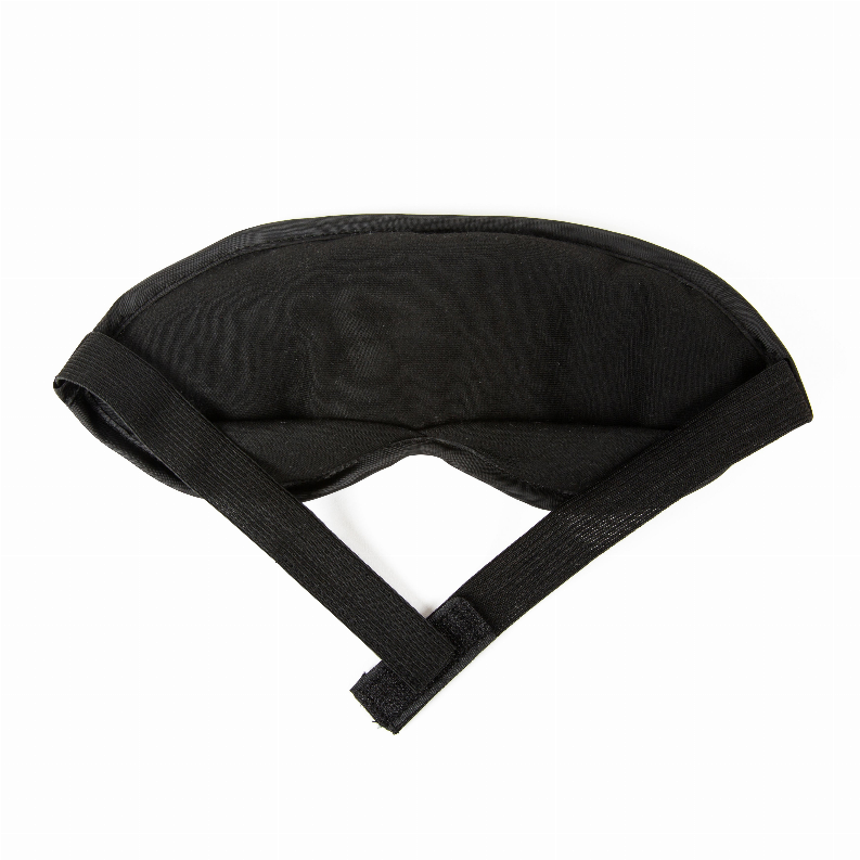 Black sleep mask with contoured fabric and attached elastic strap