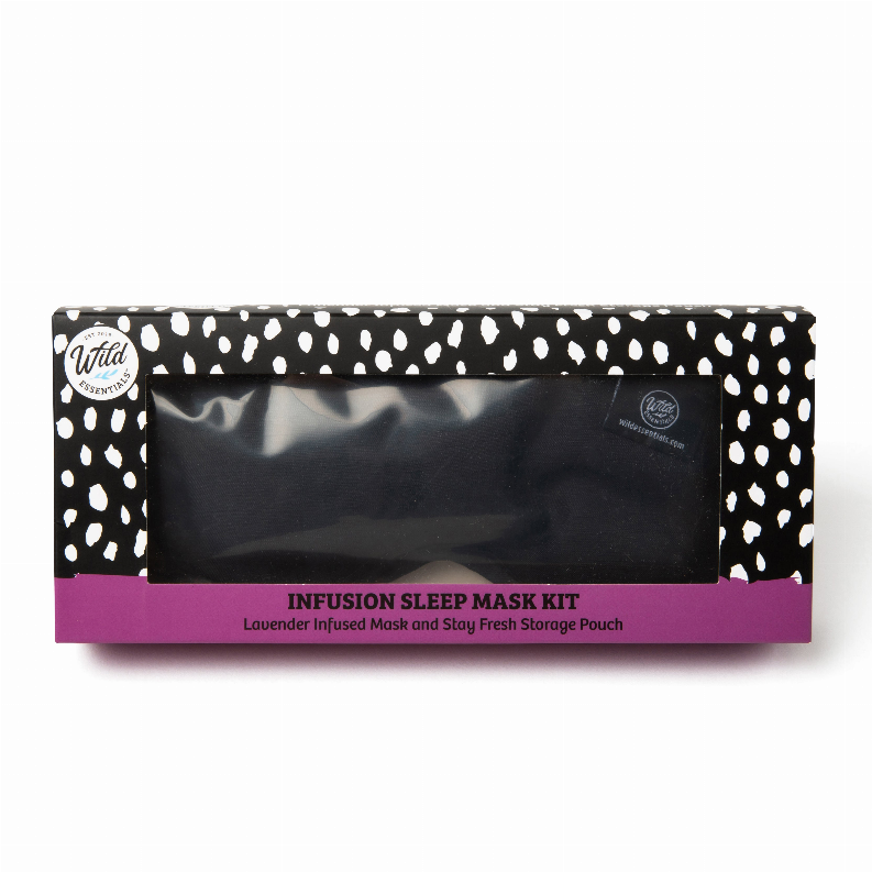 Sleep mask kit box showing a lavender-infused mask and storage pouch