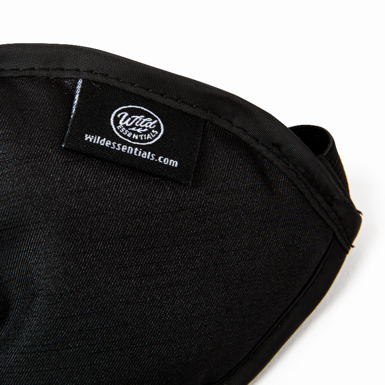 Black sleep mask fabric with stitched brand label and website tag