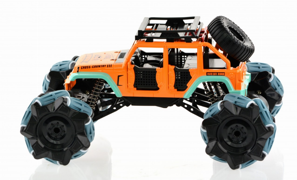 Rear view of orange and teal toy monster truck with roll cage and big blue wheels
