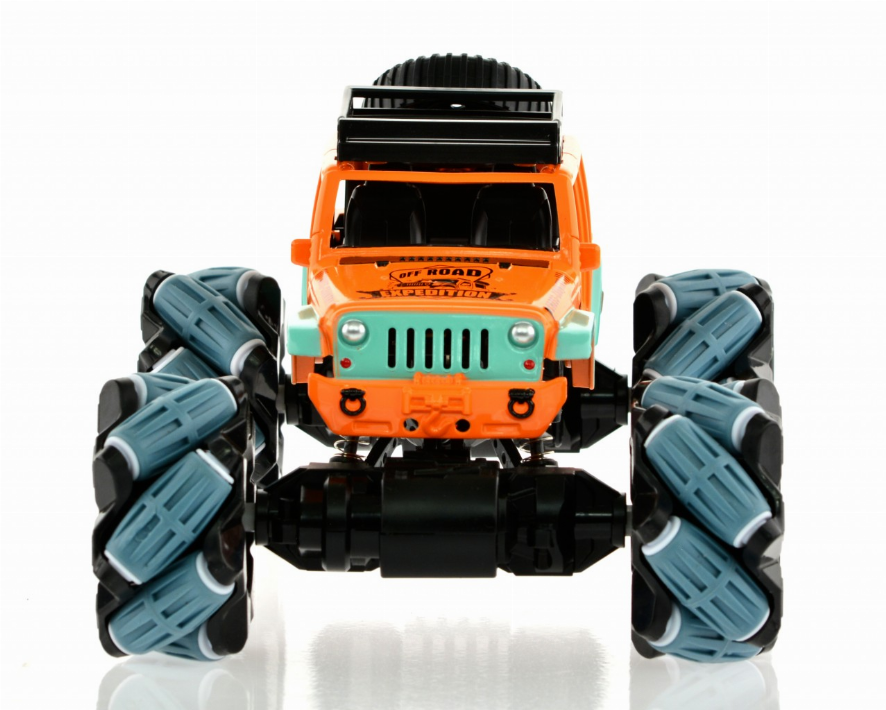 Front view of orange and teal toy monster truck with spare tire and blue wheels