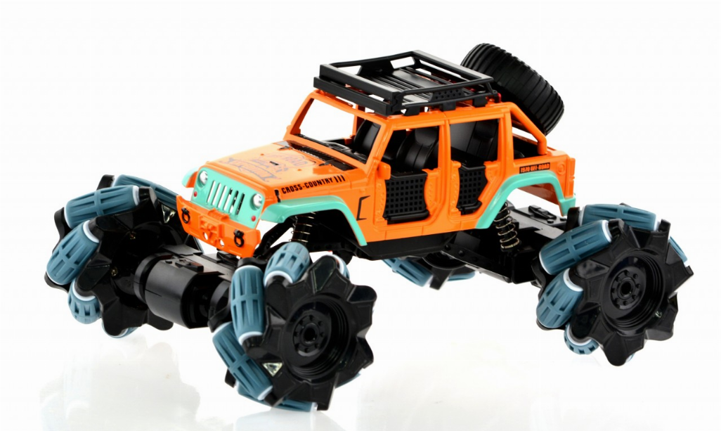 Angled side view of orange and teal toy monster truck with spare tire and blue wheels