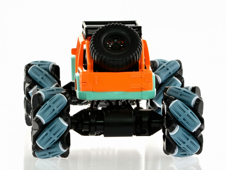 Front-top view of orange and teal toy monster truck with spare tire and blue wheels