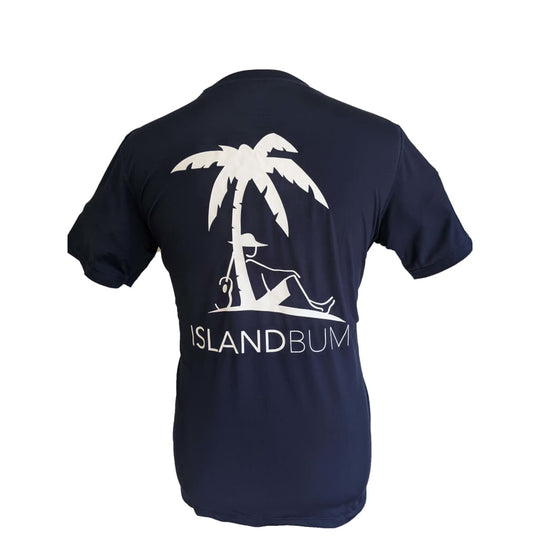 UPF 50 performance short sleeve shirt, dark navy, back palm rider graphic with ISLANDBUM